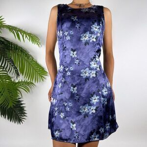 Vintage Y2K Women's Blue Floral Fairycore Cottagecore Satin Sleeveless Dress / M